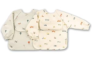 ÜneeQbaby - Baberos impermeables para bebés y niños pequeños, paquete de 2, manga larga Oeko-TEX para alimentar y jugar
