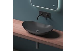 Mai & Mai Lavabo sobre Encimera Lavabo Baño | Ovalado | Negro Mate | Cerámica | 63x36,5x14cm | sin Orificio para Grifo sin Rebosadero | Brüssel858