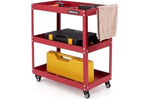FANTASK Carrello da officina a 3 piani, carrello da officina con 4 ruote universali e manici, carrello degli attrezzi in metallo, carrello di montaggio, carrello di montaggio 120 kg, portata per