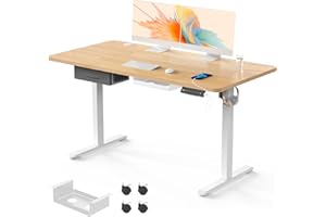 Flamaker Standing Desk with Drawers, 140 x 70 cm Electric Desk with USB Charging Sit Stand Desk Height Adjustable Desk with Cable Management Tray, Beige with Wheels