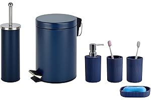 iTrend Blue Bathroom 6pc Set - Bathroom Accessory - Includes 3L Pedal Dustbin, Toilet Brush with Holder, Soap Dispenser, Soap Dish, 2 Tumblers for Toothbrush Holder - Modern Vanity Organiser Kit