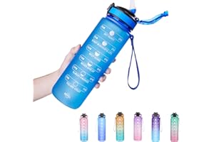 SLUXKE Bouteille d'eau, 1L Gourde Sport Gourde Reutilisable Tritan sans BPA Anti-Fuite, Bouteille avec Traqueur de Marqueur de Temps pour Camping, Adulte, Enfant, Cyclisme, Voyager