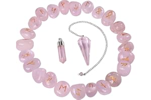 YATSKIA 25 rune in quarzo rosa – cristalli e pietre preziose – incisi in cristallo Futhark per principianti, kit di stregoneria – set di divinazione in cristallo – regali Reiki
