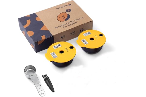 RECAFIMIL Capsules de café réutilisables compatibles avec les machines à café Tassimo, dosettes rechargeables de 60 ml et 180 ml avec filtre à café et couvercles jaunes