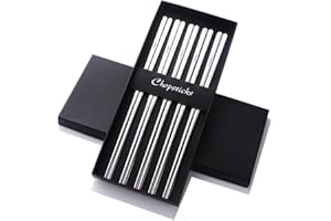 Buyer Star 5 paires Ensemble de baguettes Acier inoxydable Baguettes coréennes 9 pouces Acier argenté Chopsticks Anti-chaud avec boîte-cadeau