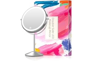 FUNTOUCH Lusterko kosmetyczne z oświetleniem, 20 cm, dwustronne, powiększenie 10-krotne, 3-kolorowe oświetlenie, opcja przyciemniania, sterowanie dotykowe, obrót o 360°, przewodowe i bezprzewodowe podświetlane lusterko