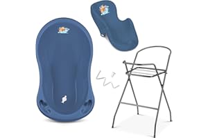 Babykajo Set Vasca da bagno per neonati con supporto - Certificato da TÜV Rheinland! Vasche da bagno per neonati + Seggiolino da bagno per neonati + Scarico + Supporto, Amici - blu scuro