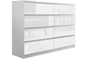 Blisswood High Gloss Chest of Drawer, 8 Drawer Bedroom Chest of Drawer Bedside Table Cabinet for Bedroom Living room Furniture, White, 120W x 40D x 97H cm