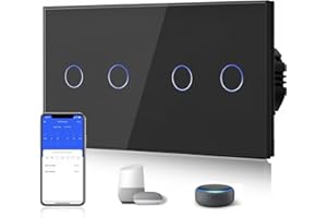BSEED Doble Interruptor Inteligente WIFI 2 Gang 1 Vía (Requiere Cable Neutro) Compatible con Alexa/Tuya/Smart Life, Interruptor de Luz de Pared con Panel de Vidrio 157mm Negro