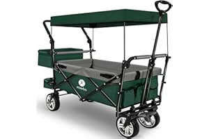 ‎MIWEBA Miweba Faltbarer Bollerwagen MB-20 | Sonnendach UV-beständig - 2X Anschnallgurte - Transportwagen für Kinder - Traglast 100 Kg - Wagen - Feststellbremse - Hartgummireifen (Dunkelgrün/Grau)