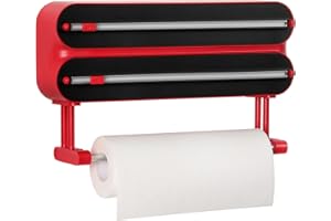 Quasziwa 3-in-1 Porta Rotolo da Cucina a Parete - Dispenser Pellicola e Alluminio Magnetico, Taglia Carta Stagnola Professionale con Portarotolo Estraibile - Facile da Installare e Salvaspazio, Rosso