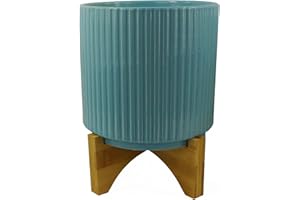 Leaf Turquoise Blue Ribbed Ceramic Planter Plant Pot with Bamboo Stand 14.5 x 14.5 x 19cm Marca