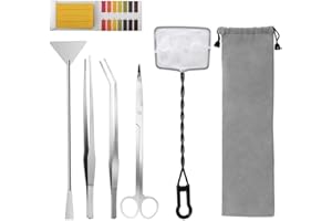 ZHAOYAO 6 in 1 Aquatic Plant Aquascaping Tool Stainless Steel Silver Tweezers Scissors Spatula for Fish Tank Clean Aquascape Tools Sets with Fishing net, 80p PH Paper(Silver)