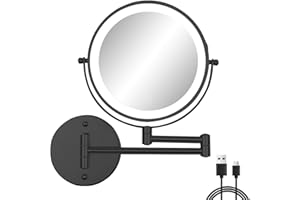 FFowcye 8" Wall Mounted Makeup Mirror with Lights, Rechargeable LED Bathroom Shaving Mirror, 1X/10X Double-Sided Magnifying, 3 Colour Dimmable Illuminated, 360° Rotation, Black
