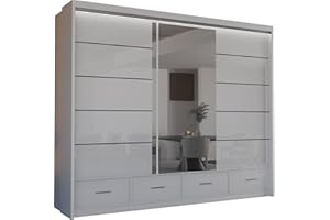 MN Furniture Sycylia High Gloss & Mirror Sliding Doors Wardrobe with Long Led Light and Bottom Drawers White, 255cm