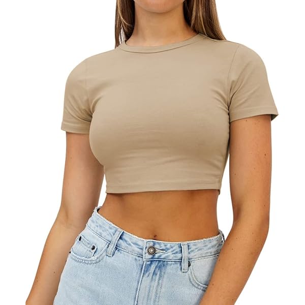 GORGLITTER Dames buikvrij bovenstuk gebreid crop tops korte mouwen shirt U-hals cropped T-shirt met kant, zwart, S