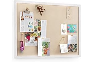 Emfogoo Pinnwand Groß mit Leinen, Pinnwand Kork 60x45CM, Pinwand mit Holzrahmen für Küche Büro Schule Heim Kinderzimmer Wand Dekoration Aufhängen, Korktafel mit 20 Pinnnadeln, 1 Stück(Vintage-Weiß)