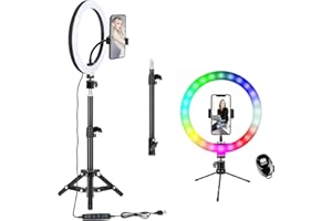 BONFOTO RGB Ring Light 10-inch Desktop Dimmable Smartphone LED Circle Light with 2 Tripods Phone Holder for Makeup, Portrait Photography, Live Streaming, TikTok YouTube Videos