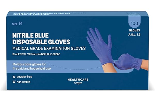 Amazon Basic Care Guantes desechables de nitrilo azul, Sin empolvar, Talla M, 100 Unidad (Anteriormente Marca Hevea)