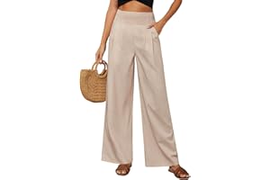 PASUDA Pantalones Mujer Verano Algodón Lino Pantalón Cintura Alta Elástico Casual Pantalones Suelto Cómodos Flojo Playa Pantalones de Anchos Mujer Largos