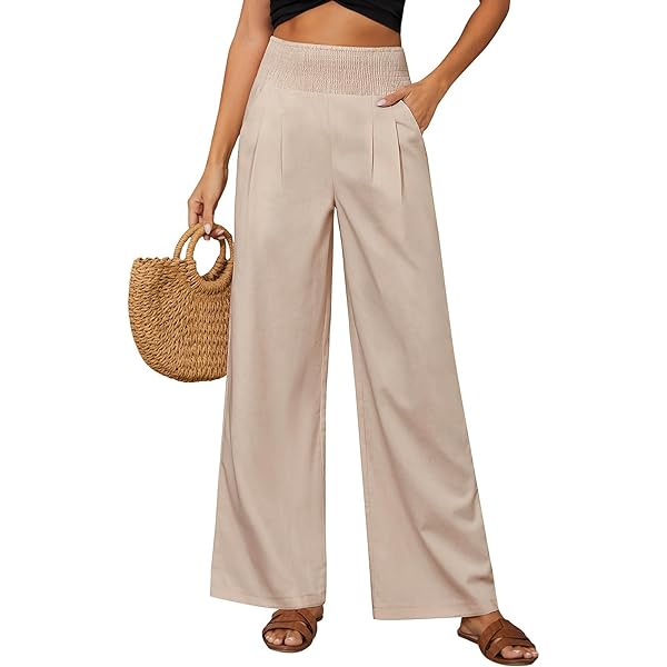 Linnen broek dames broek zomer casual lichte palazzo broek hoge taille effen linnen broek stoffen broek comfortabele luchtige vrijetijdsbroek strandbroek met zakken en trekkoord, #1-blauw, 3XL/Lang
