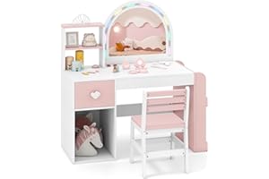 COSTWAY Toaletka dla dzieci 2 w 1 z oświetleniem, toaletka dziecięca z kolorowym lustrem, regał na książki i szufladę, drewniana toaletka, zestaw dla dziewczynek od 3 lat (biała)