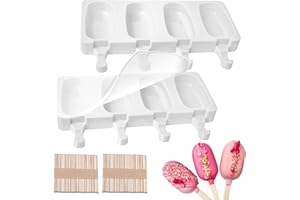 XINXINPHI 2 Unidades Moldes Helado con 100 Palos Madera y Palitos, 4 Cavidades Molde Helados Silicona Reutilizables para Niños y Adultos, Molde Paletas para Hacer Postre, Congelado, Popsicle,Bricolaje,Chocolate