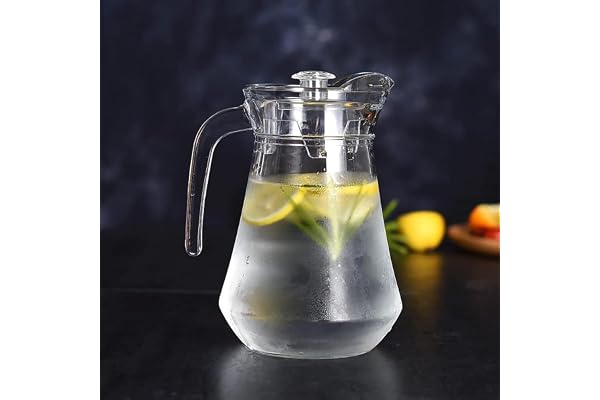 VILON Italian Premium 1300ml Glass Water Jug with Plastic Lid & Handle 1.3L Transparent Beverage Carafe for Home, Office, Etc. Pitcher for Serve Water, Milk, Juice, Beverage, Chaas, Cocktail