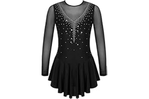 TiaoBug Abito da Pattinaggio Artistico per Bambine Vestito da Balletto Pattinato a Manica Lunga Abito da Ballo Leotard Body da Ginnastica Tutu Dancewear 5-14 Anni