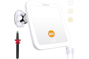 Auxmir Miroir Grossissant Lumineux 30X avec Ventouse, Miroir Maquillage Grossissant 2000mAh Rechargeable, 3 Modes Éclairage 40 LED, Écran Tactile, Forte Ventouse Ajustable à 360°, Salle de Bain Voyage