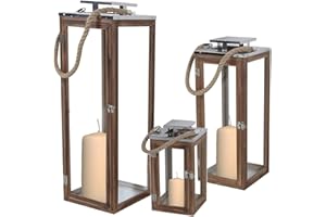 INDA-EXCLUSIV Set di 3 lanterne da giardino XXL, lanterne da giardino in legno massiccio, portacandela antivento, circa 14 x 14 x 31 cm + 19 x 19 x 51 cm + 70 x 24 x 24 cm, con tetto in acciaio inox