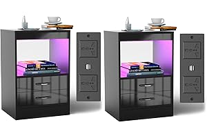 PIPIPOXER 2er Set Nachttisch mit LED Beleuchtung, Beistelltisch in Schwarz mit Steckdose und Anschlüsse, Nachttische mit 2 Schubladen Nachschrank für Wohnzimmer,Schlafzimmer 40x35x60cm Schwarz