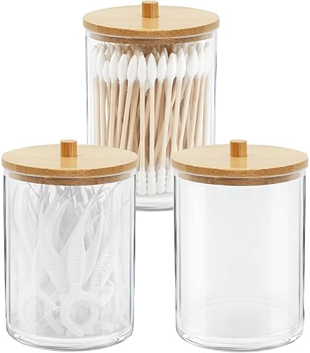 XINCHENG Boite Coton Tige, Rangement Coton Tige, Distributeur Coton Tige, Range Coton En Acrylique Avec Couvercles En Bambou, Boîte De Stockage De Coton Pour Chambre Salle De Bain | Votre Wishlist Sur