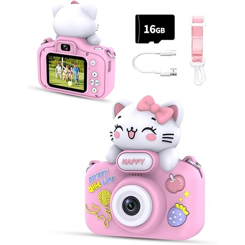 Kids Camera for Girls and Boys, 1080P 8X Digital Zoom Camera for Kids Age 3 4 5 6 7 8, 48MP Toddler Cameras Christmas Birthday Gift with Silicone Cover & 16GB TF Card, Pink