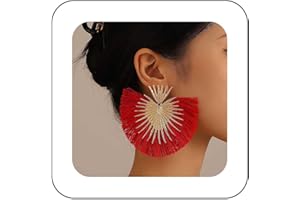 Inateannal Exaggerated Heart Dangle Earrings Large Fan Tassel Earrings Gold Starburst Drop Earrings Bohemian Tassel Statement Earrings Jewelry for Women Girls(Black)