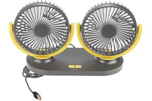 Auto Ventilator, Fydun USB Dual Head Auto lüfter Tragbare Klimaanlage Autokühler Belüftung 12V Tischventilator 350 Grad Drehung Leise Ventilator für Fahrzeug LKW Rücksitz(Schwarz Gelb)