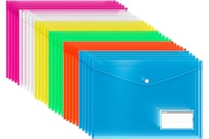REAEONAT Plastic Wallets, 30 Pack A4 File Folders for Document Paperwork Clear Assorted Coloured Envelope with Label Pocket Snap Button Home School Travel Office Supplies