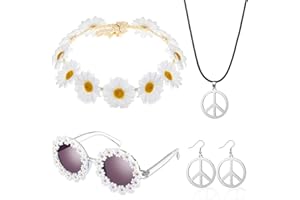 AORIHER Set de Costume Hippie pour Femmes Accessoires de Déguisement des Années 60 et 70 Inclure Bandeau de Fleur Marguerite Lunettes Rondes Rétro Collier et Boucles d'Oreilles de Signe de Paix