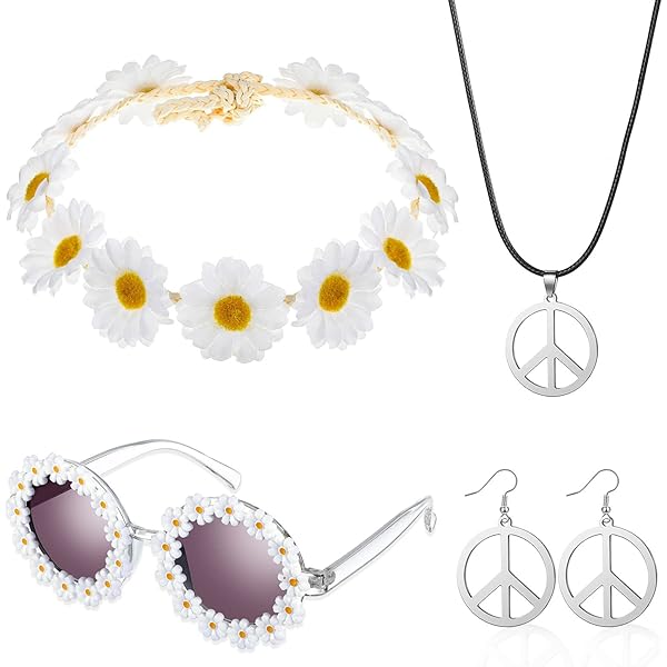 4-delige hippie-kostuumset, hippie-accessoires, bloemen