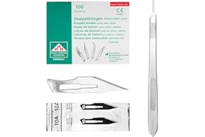‎MAY Set - 100 Stück Skalpellklingen Figur 10A aus Karbonstahl - Ersatzklingen einzeln steril verpackt + 1 x Skalpell-Halter - 21 cm langer Griff - Edelstahl