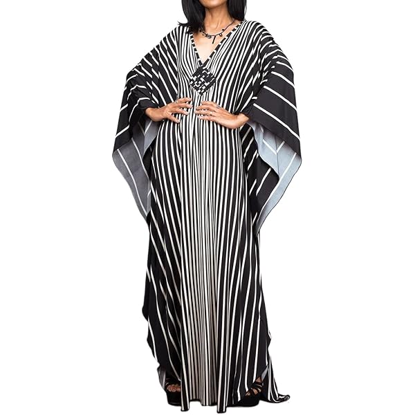 Chunoy Women's Black Striped Kimono Cover Up - Long Sleeve Open Front Beach Cardigan