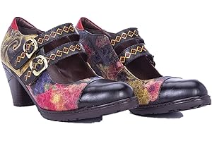 CrazycatZ Damen Leder Mary Jane Schuhe Bunt Embroided Bunt Block Heel Vintage Schuhe