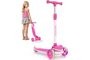 BELEEV A8 Foldable Scooter for Kids Ages 3-12, 3 Wheel Scooter for Toddlers Girls Boys, Light up Kick Scooter for Children, 4 Adjustable Height, Big Wheels, Lean to Steer, Extra-Wide & Non-Slip Deck