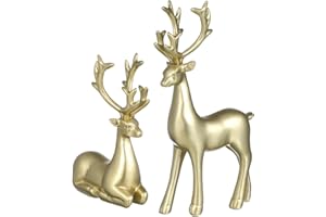 Yardwe 2pcs Statue di renna Decorazione per la casa Alci d'oro Resina Cervo Figurine in miniatura Natale Artificiale Artigianato Casa Ufficio Scrivania Bookself Counter Decor