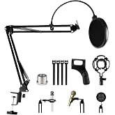 Relota Adjustable Microphone Stand, Black Stand Arm with Pop Filter, Microphone Clip, Shock Mount, 5 Cable Ties, Scissor Susp