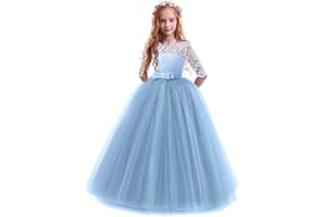 FYMNSI Robe Enfant Fille Ceremonie Anniversaire de Princesse d'honneur Mariage Bowknot Manches 3/4 Longue en Dentelle Robe Tutu Tulle de Soirée Bal Partie Formelle Carnaval 2-14 Ans
