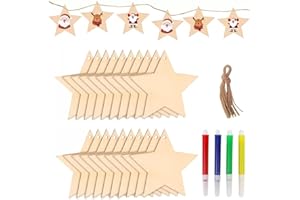 MIKOCOFO 36 Stück Holzsterne zum Basteln Holzanhänger Weihnachten zum Aufhängen und Bemalen Weihnachtssterne Holz,Weihnachtsdeko Basteln Bemalen kinder für Christbaumschmuck mit 4 Farbige Stifte und Hanfseil