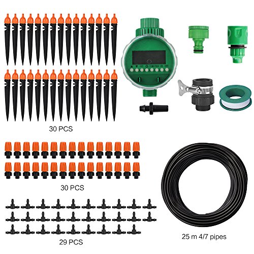 25m DIY Automatik Micro Drip Bewässerung Kit mit automatischen Timer,Pathonor 82 FT Bewässerung Tubing,30 Dropper & Fixed Stem, 29 Tea Joints,Garten Gewächshaus Bewässerung Spray Self Watering Kits für Garten Landschaft Flower Bed Terrasse Pflanzen - 2