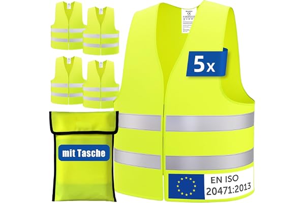 Brovamo Chaleco Reflectante Juego de 5 Piezas-Europa según EN ISO 20471 | Chalecos Reflectantes, Chalecos De Seguridad Para Todos Los TamañOs, Chaleco Reflectante Para Moto Patinete Bicicleta Coche