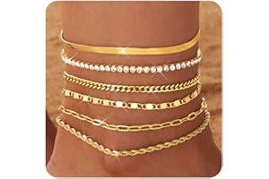 FIOROYAL 6Pcs Gold Anklets for Women,14k Gold/Silver Waterproof Hypoallergenic Layering Adjustable Anklets Set,Trendy Snake Tennis Figaro Chain Ankles Beach Foot Jewelry Gifts for Women